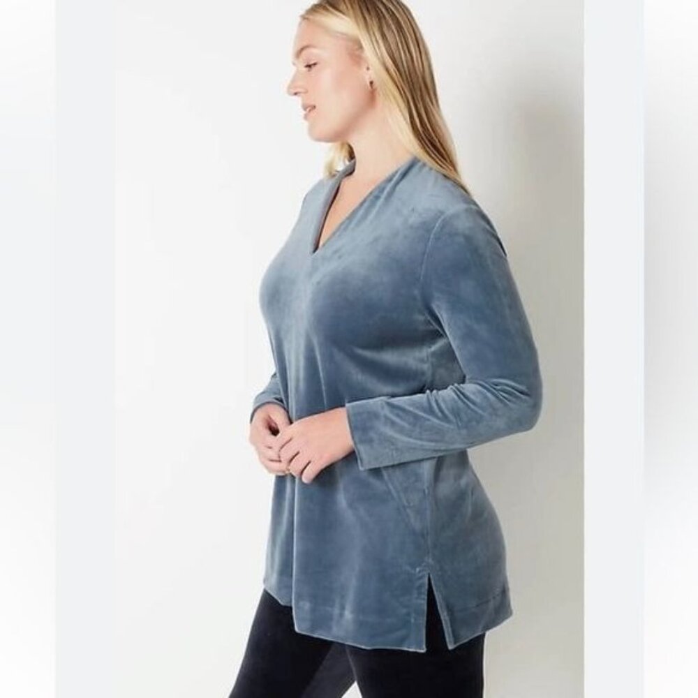 J. Jill Women's Blue Pure Jill Velour V-Neck Tunic Long Sleeve Top Size Medium